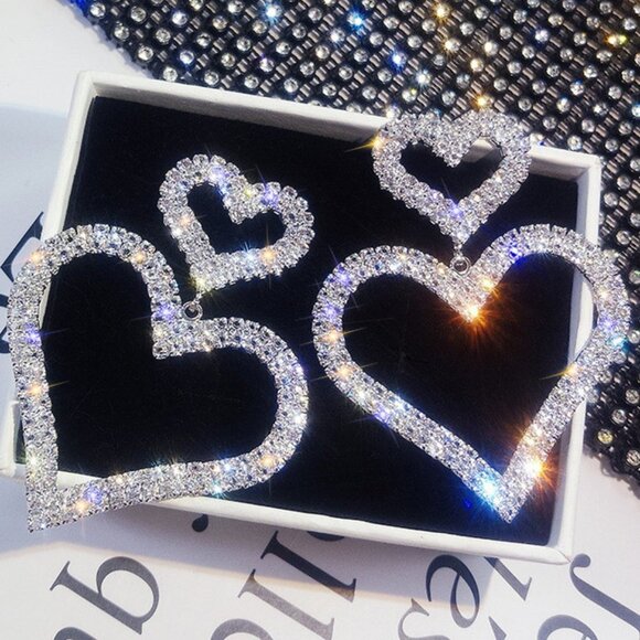 Rhinestone Double Heart Earrings - Picture 1 of 3